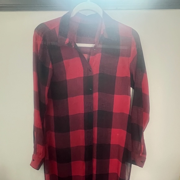 ZARA WOMEN’S CHECKERED PRINT SHEER SHIRTDRESS, SIZE SMALL, RED/BLACK - Picture 3 of 13